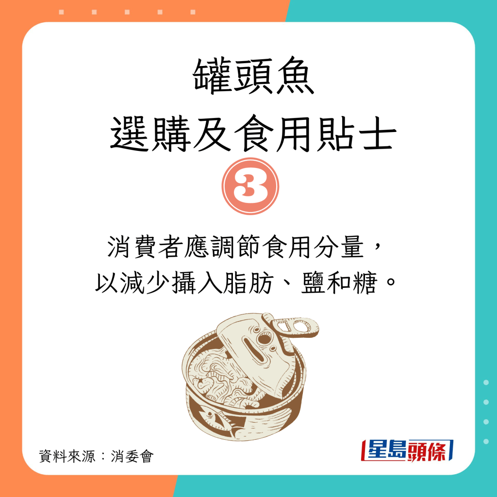 消委会选购罐头鱼及食用贴士｜调节食用分量，以减少摄入脂肪、盐和糖。