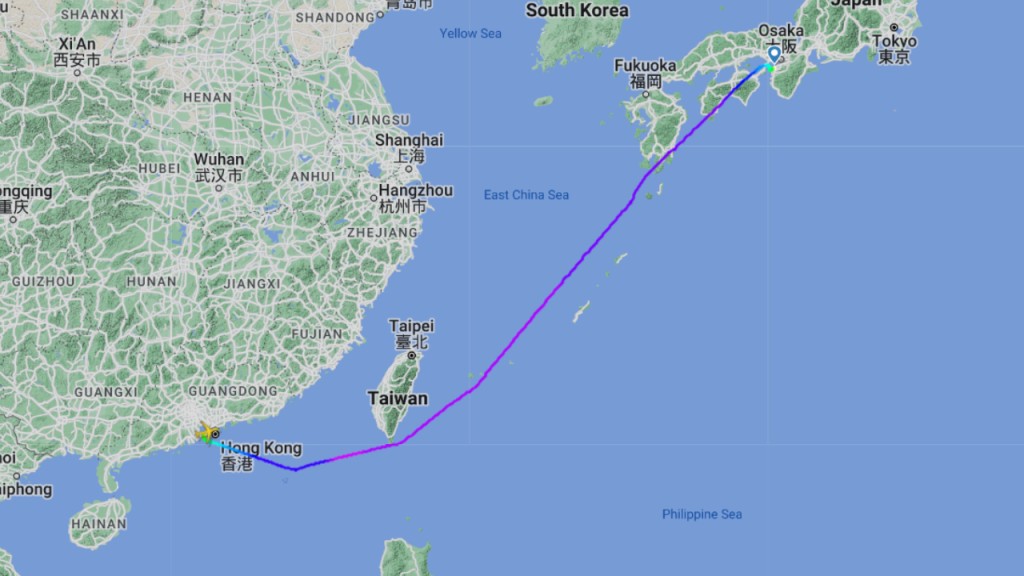 亞航大阪飛曼谷航機疑引擎故障 急降香港機場。Flightrader24圖片
