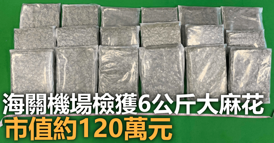 海關於機場檢獲約6公斤懷疑大麻花，料市值約120萬元。政府圖片