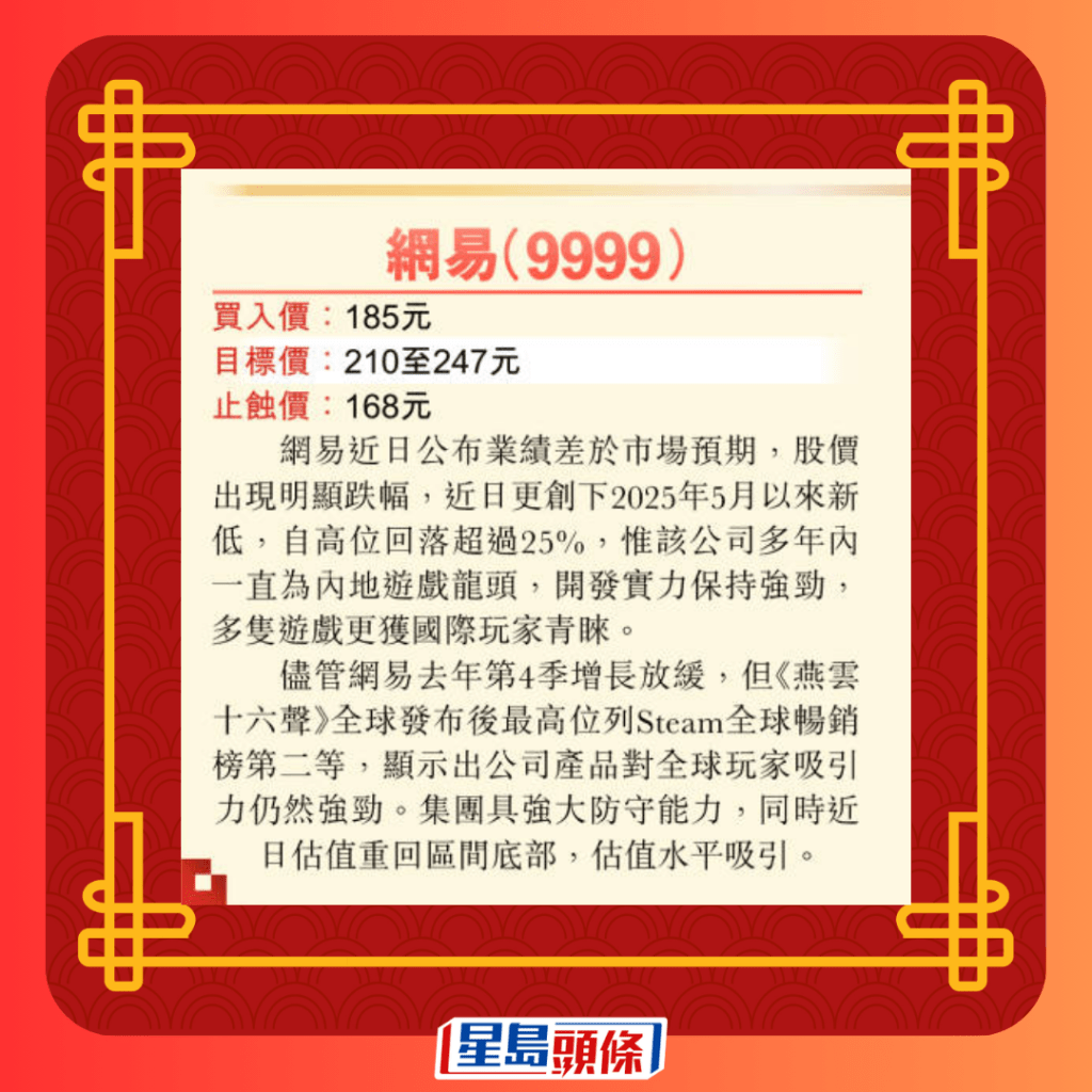 利是股：网易（9999）目标价210至247元