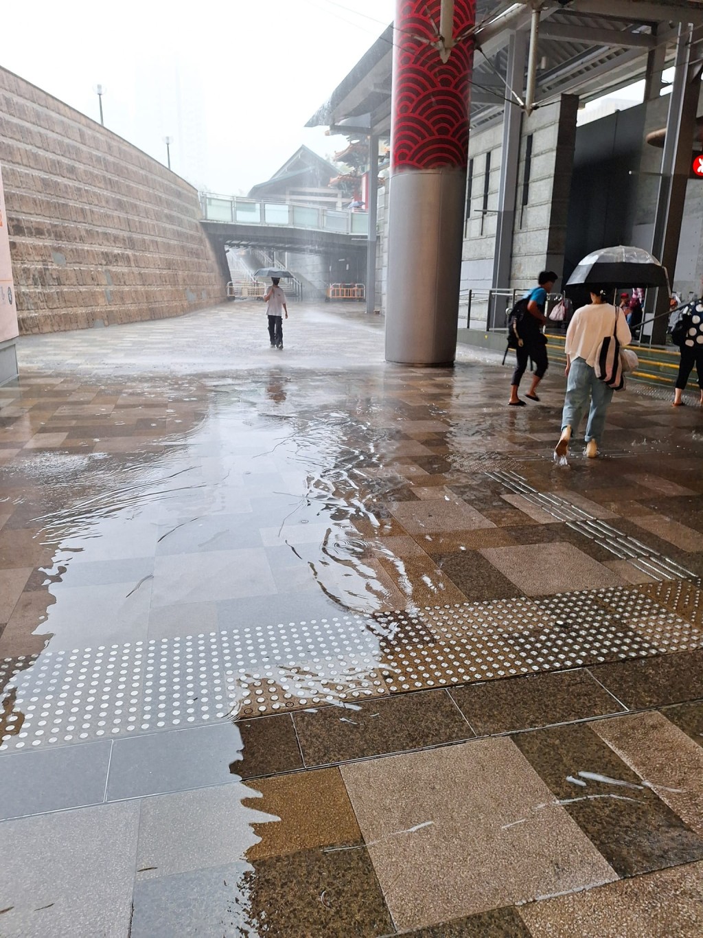 去年因「世紀暴雨」水浸的黃大仙中心，今日B3出口外亦滿佈積水。網上圖片
