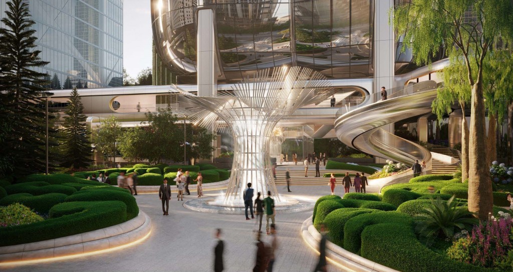 恒地將扎哈・哈迪德建築事務所的流線型設計特色，進一步延伸至大廈外的琳寶徑休憩花園，建立全亞洲首個扎哈・哈迪德雕塑公園。（效果圖）