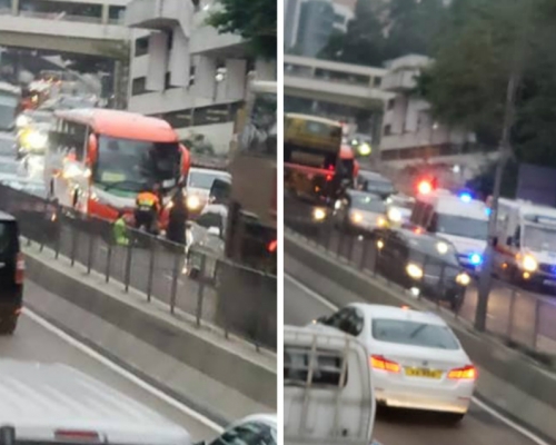 龍翔道電單車遭旅遊巴撞。Mei Ni Ip圖片