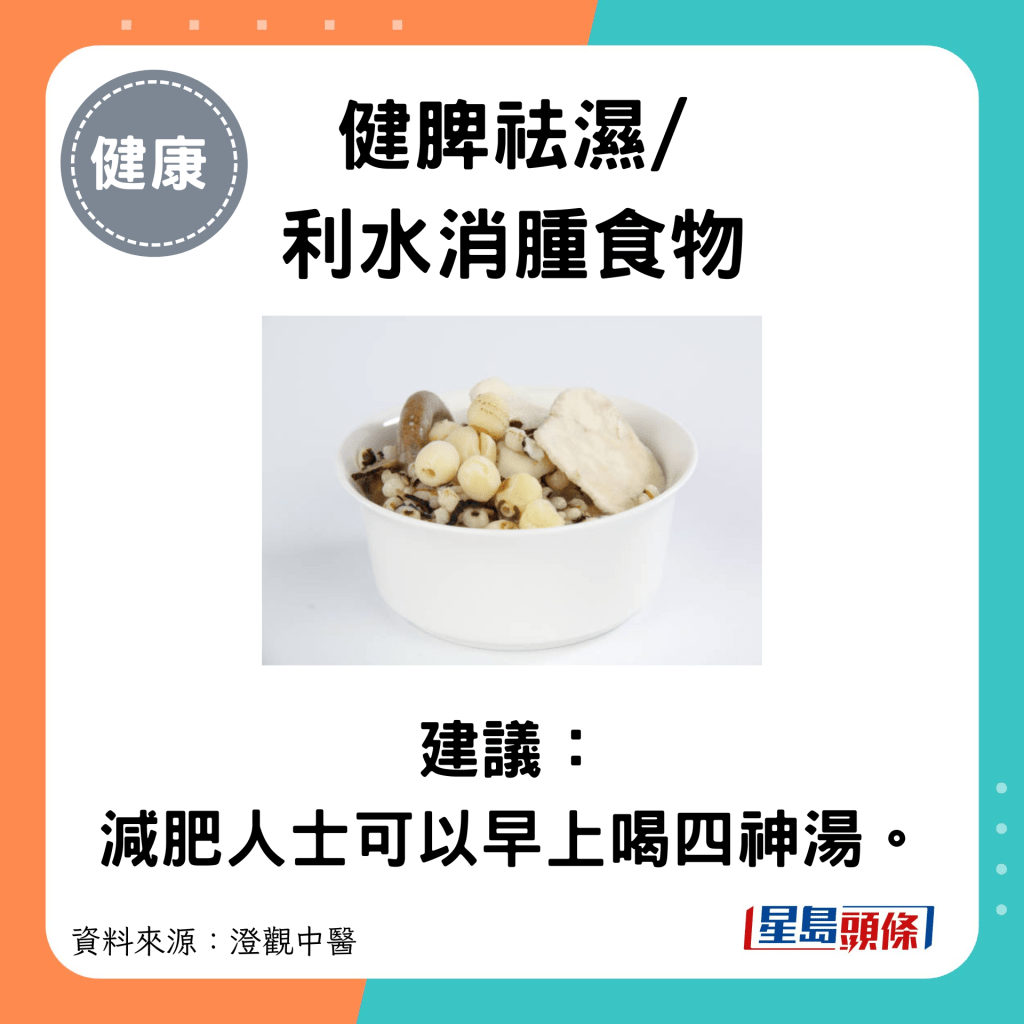 健脾祛湿/ 利水消肿食物：建议： 减肥人士可以早上喝四神汤。