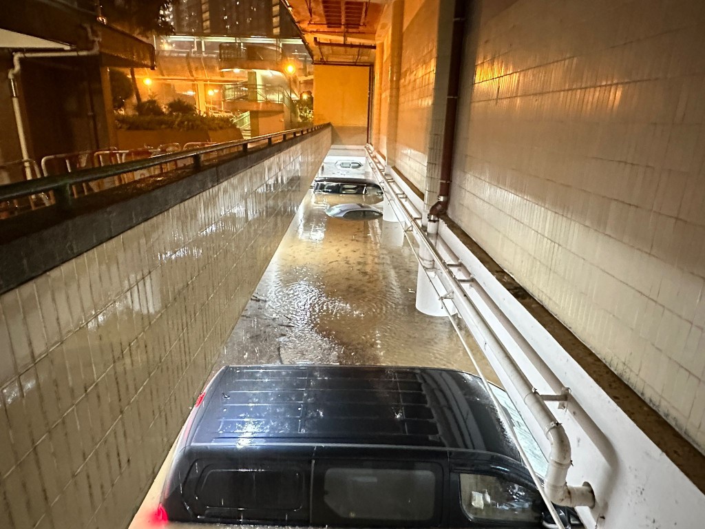 從民建聯社區幹事植潔鈴提供的圖片見到，在凌晨1時左右，環翠商場停車場的積水約浸過半部七人車。