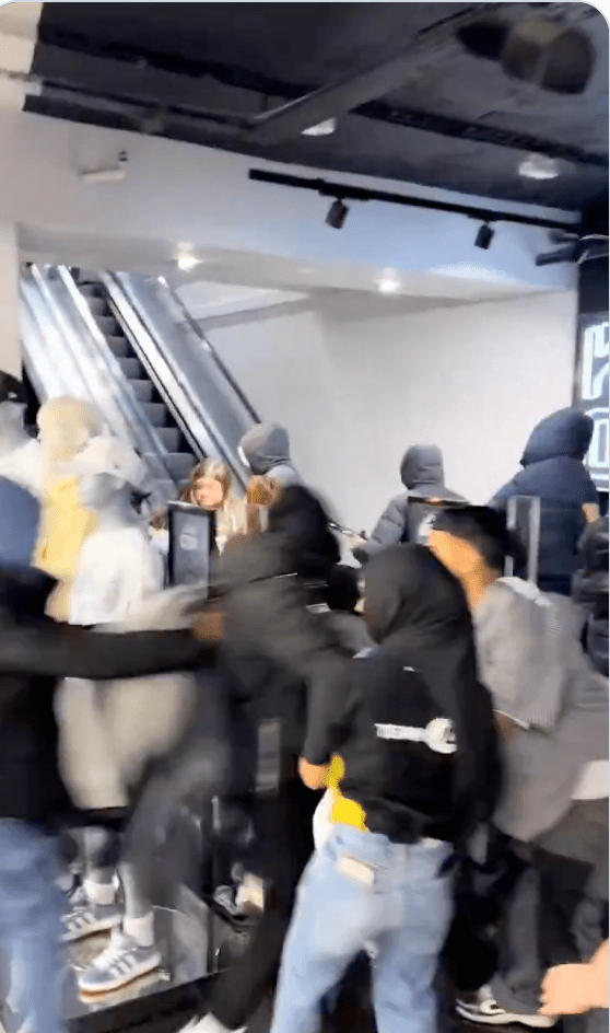 當歹徒企圖沿扶手電梯逃跑時，女店員們在移動的電梯上與他們發生肢體衝突，奮力扯下對方手中的衣物。