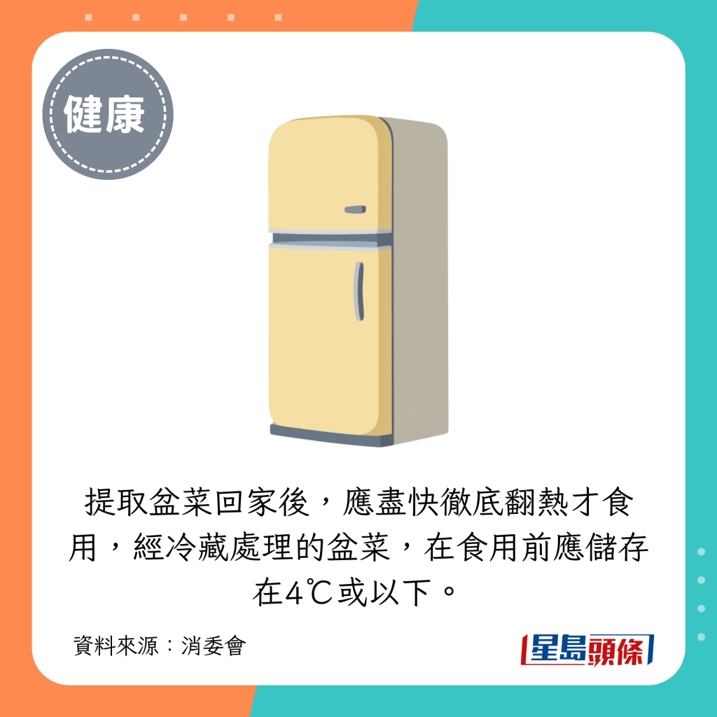 提取盆菜回家後，應盡快徹底翻熱才食用，經冷藏處理的盆菜，在食用前應儲存在4℃或以下。