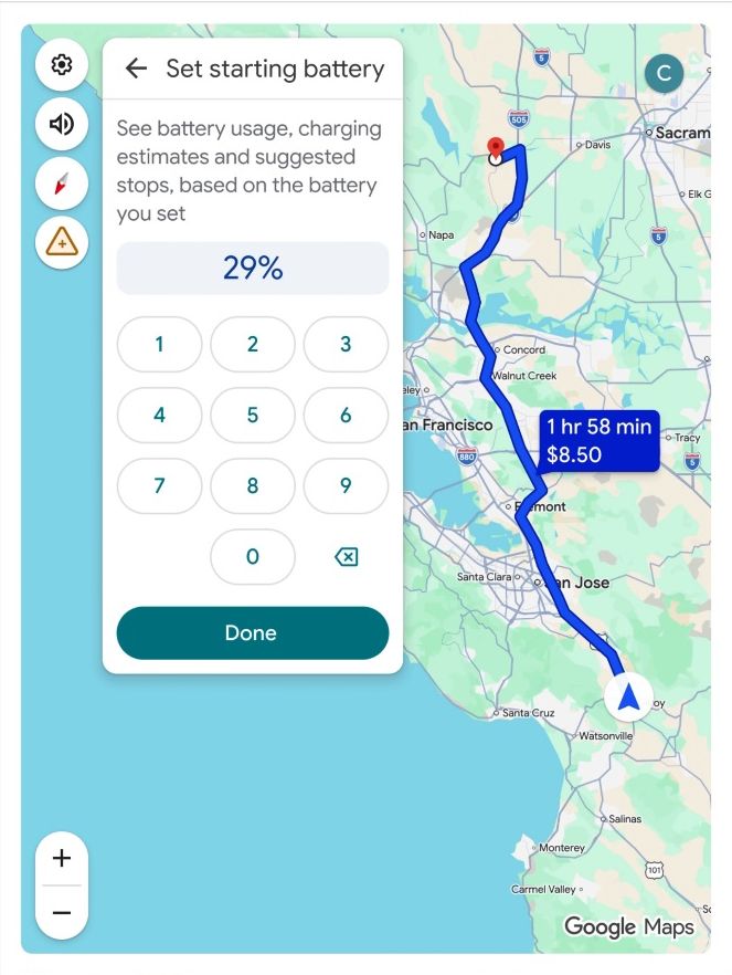 设定目的地后，可输入现时剩下电量，让系统更准确分析及规划行程。