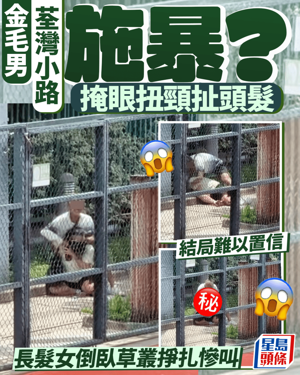 金毛男荃灣小路施暴? 掩眼扭頸扯頭髮 長髮女倒臥草叢掙扎慘叫 結局難以置信 金毛男荃灣小路施暴? 掩眼扭頸扯頭髮 長髮女倒臥草叢掙扎慘叫 結局難以置信 