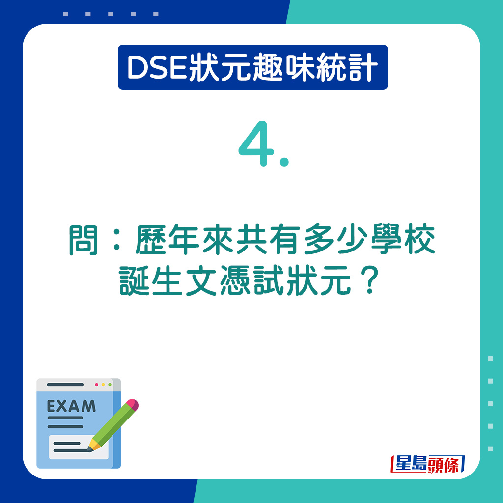 4．歷年來共有多少學校誕生文憑試狀元？