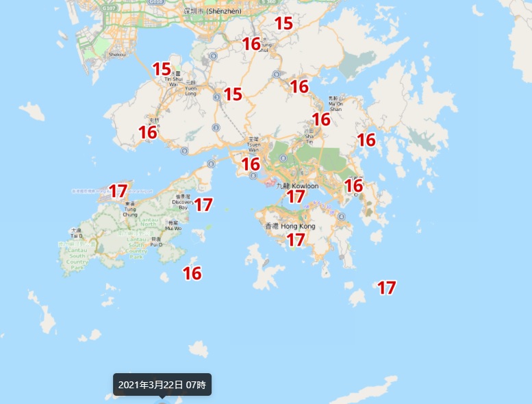 星期一早上7時,新界地區氣溫介乎15至16度,市區氣溫有17度。天文台自動分區天氣預報