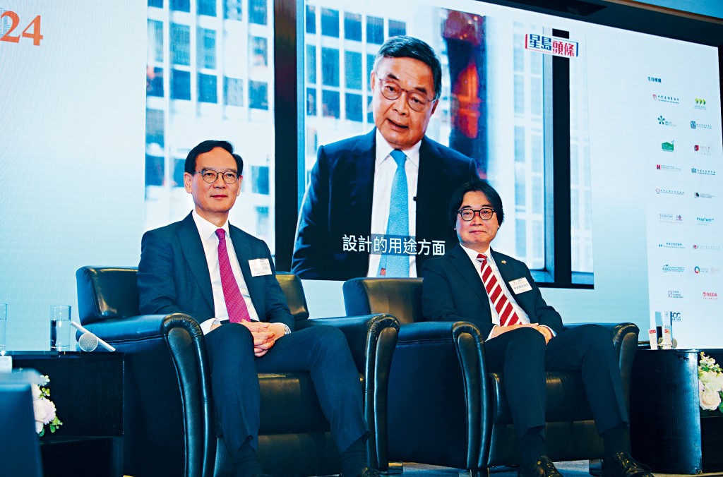 龍漢標（錄像方式發言）建議引入「White Zone」白色規劃。圖左為謝偉銓、右為林家輝。