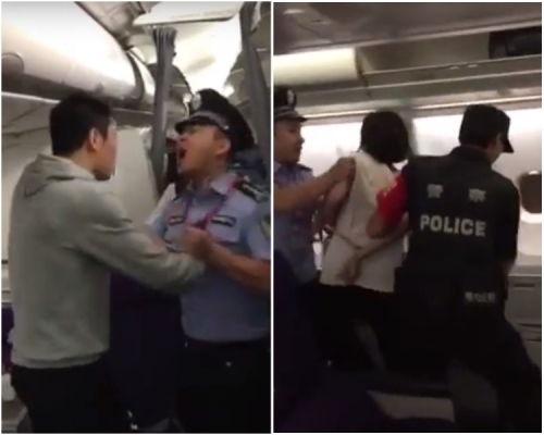 北京國安球員李磊(左圖)不滿航班取消而大鬧機艙,與其妻(右圖)雙雙被鎖上手銬帶走。影片截圖