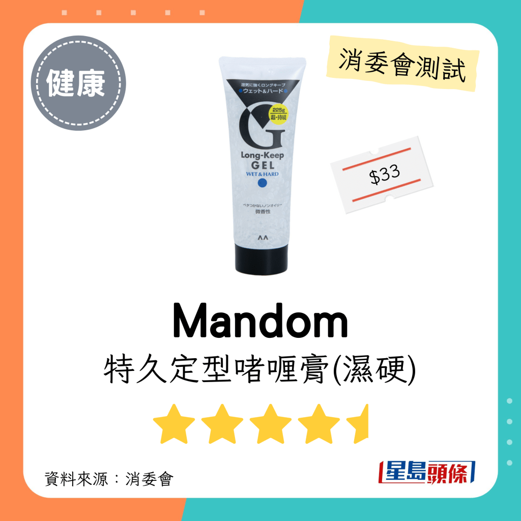 消委會不含香料致敏物頭髮造型產品｜Mandom 特久定型啫喱膏(濕硬)。