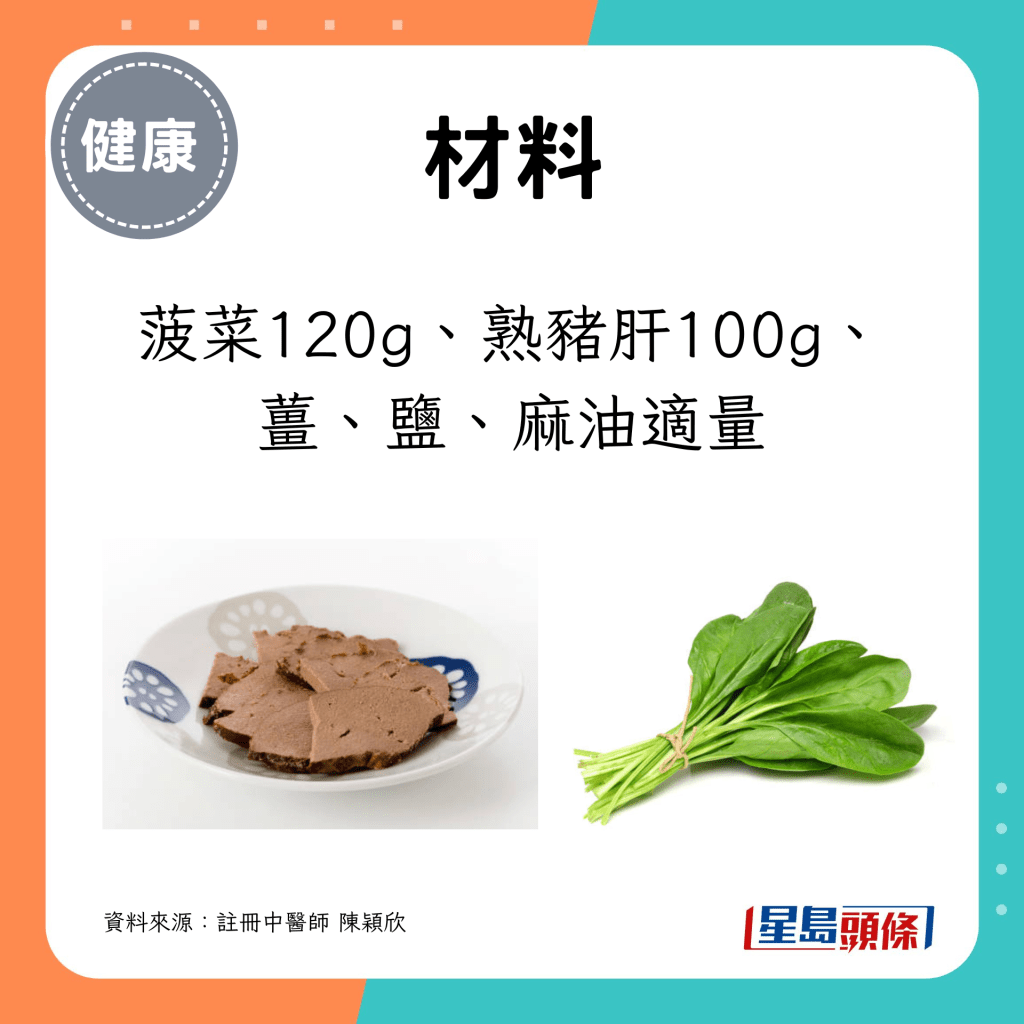 菠菜120g、熟猪肝100g、姜、盐、麻油适量