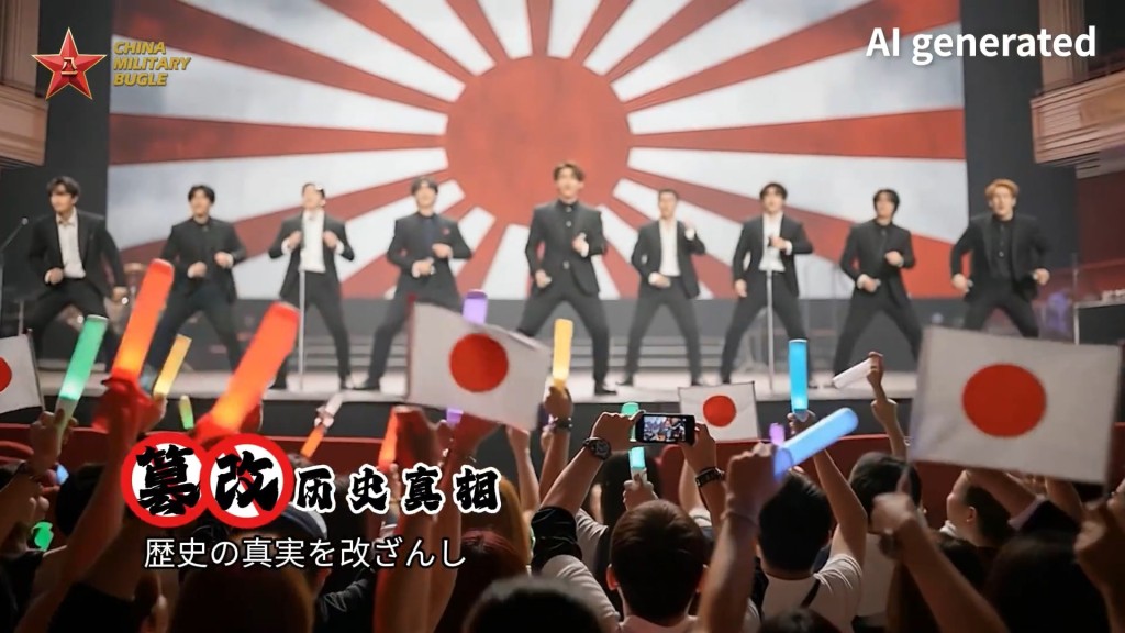 帖文更用人工智能（AI）生成一段MV，畫面出現多個日本軍國主義場面在文體領域出現。