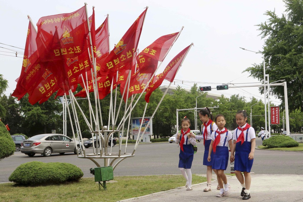 北韓少年團周五慶祝成立79周年。美聯社 北韓少年團周五慶祝成立79周年。美聯社
