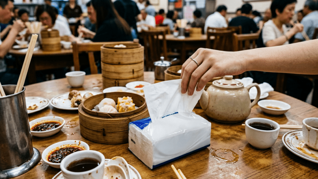 有港人分享自己与母亲饮茶搭台时，误将对面茶客自备的抽取式纸巾当成酒楼免费供应。 (AI 生成图片)