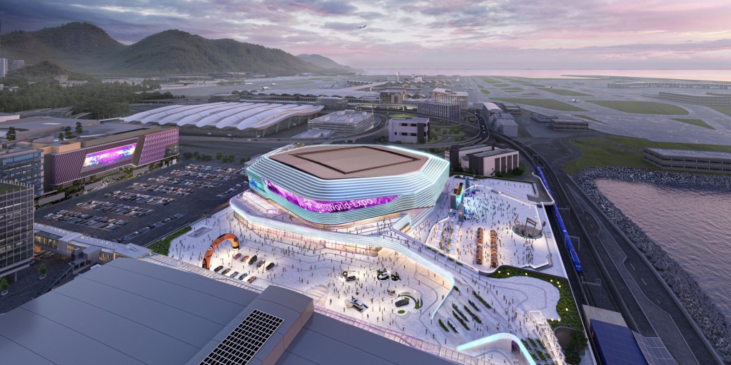 亞洲國際博覽館(亞博館)現正進行第二期擴建工程，預計2028年落成。(高空鳥瞰圖、概念圖規劃圖)。