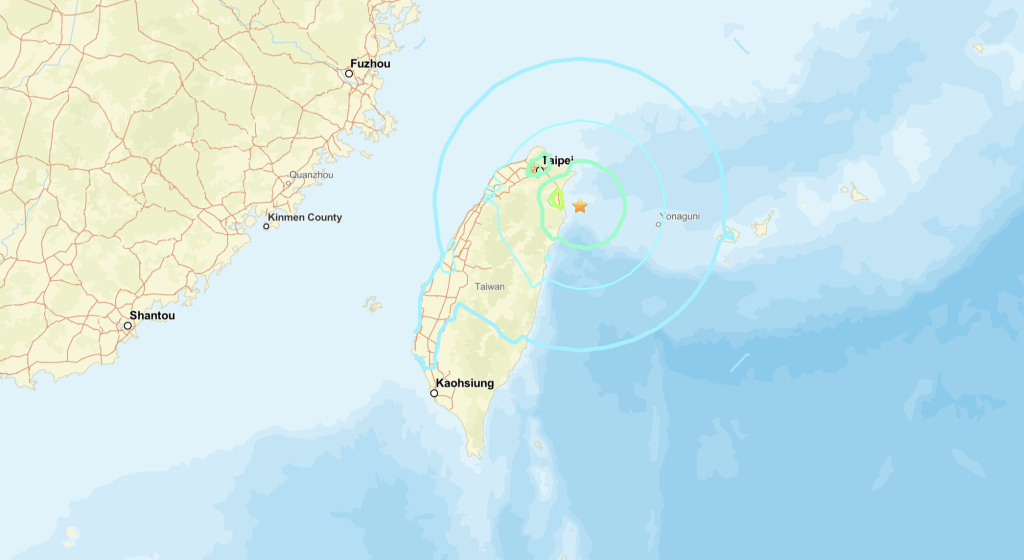 台灣宜蘭以東發生7.0級地震 。（USGS圖片）