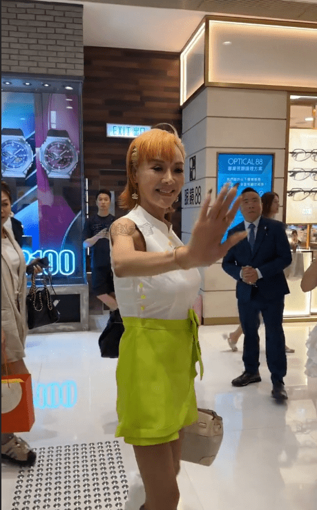 葉子楣跟粉絲揮手打招呼，手臂仿如樹枝。