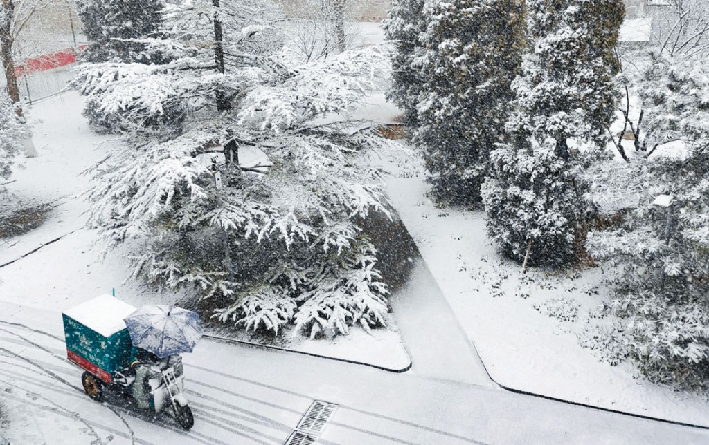 北京昨天降雪，地面覆蓋一層白雪。