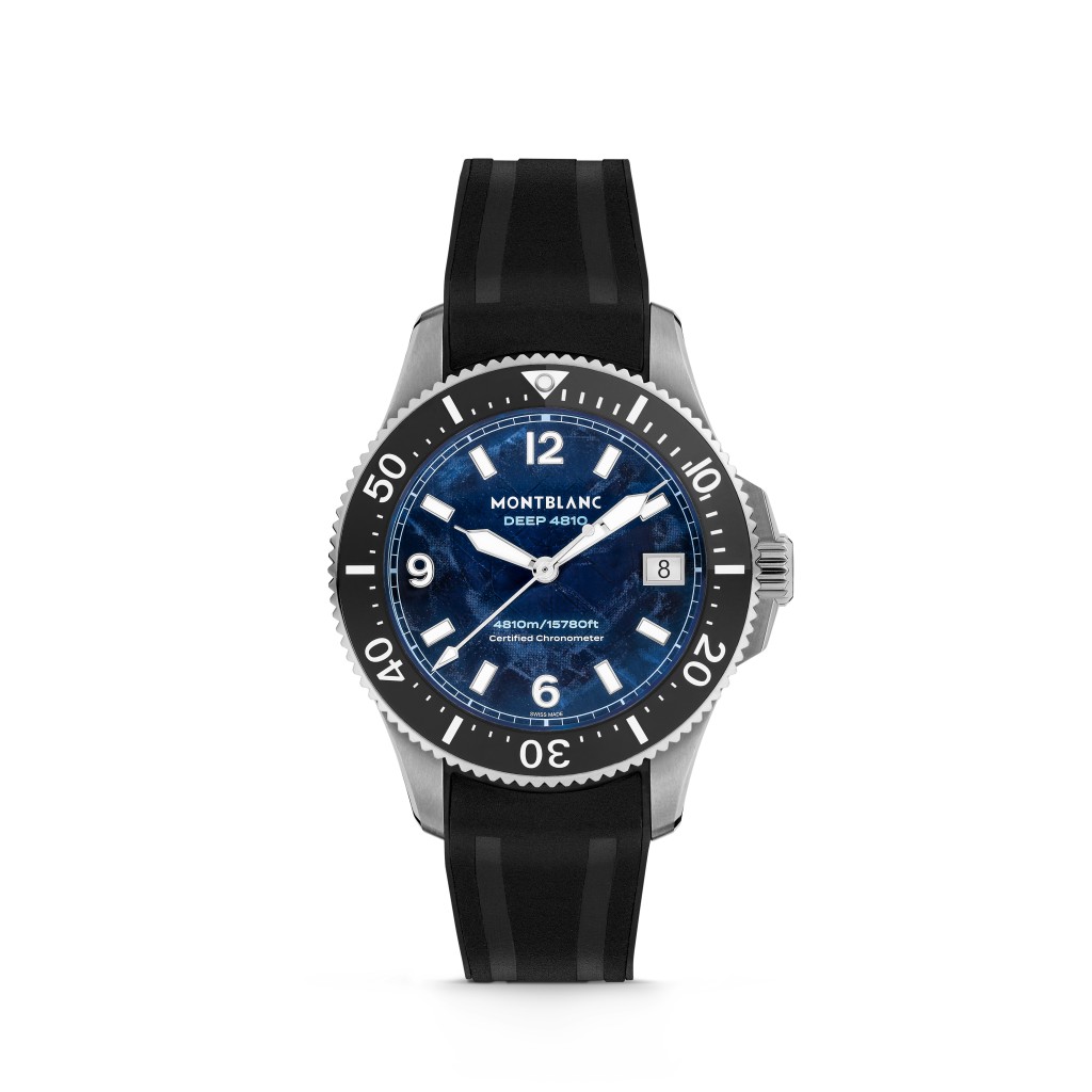 Montblanc Iced Sea 0 Oxygen Deep 4810腕錶， 錶殼：43mm 鈦金屬/機芯：MB 29.25自動/限量：1,969枚/售價：$299,100。