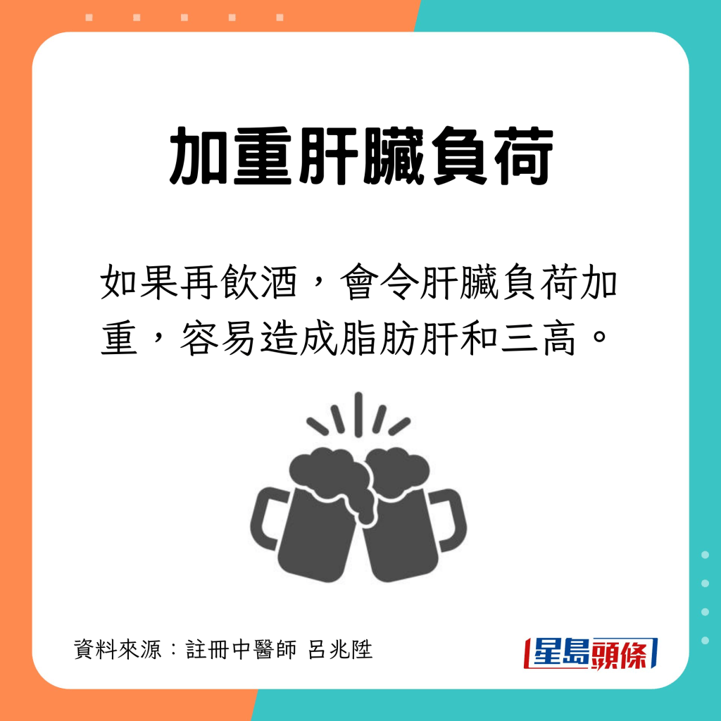 如果再饮酒，会令肝脏负荷加重，容易造成脂肪肝和三高。