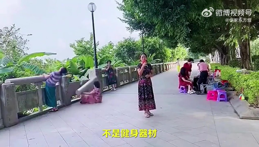 石栏杆当健身器材，大妈意外扯断砸腿后断成几截。　