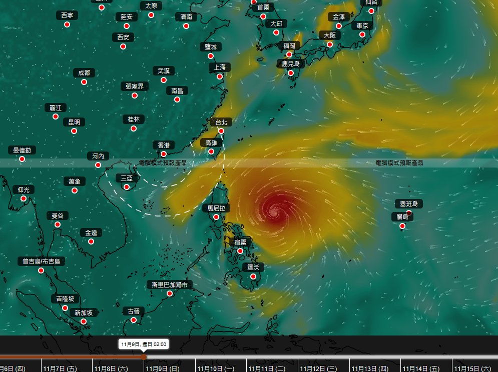 AI模型「風烏」預測現時位於關島以南熱帶氣旋未來行走路徑。天文台擷圖 AI模型「風烏」預測現時位於關島以南熱帶氣旋未來行走路徑。天文台擷圖