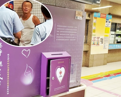 捐款箱被撬開。小圖為被捕男子。
