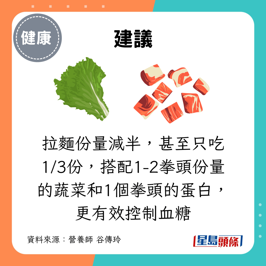 建议拉面份量减半，甚至只吃1/3份，搭配1-2拳头份量的蔬菜和1个拳头的蛋白，更有效控制血糖