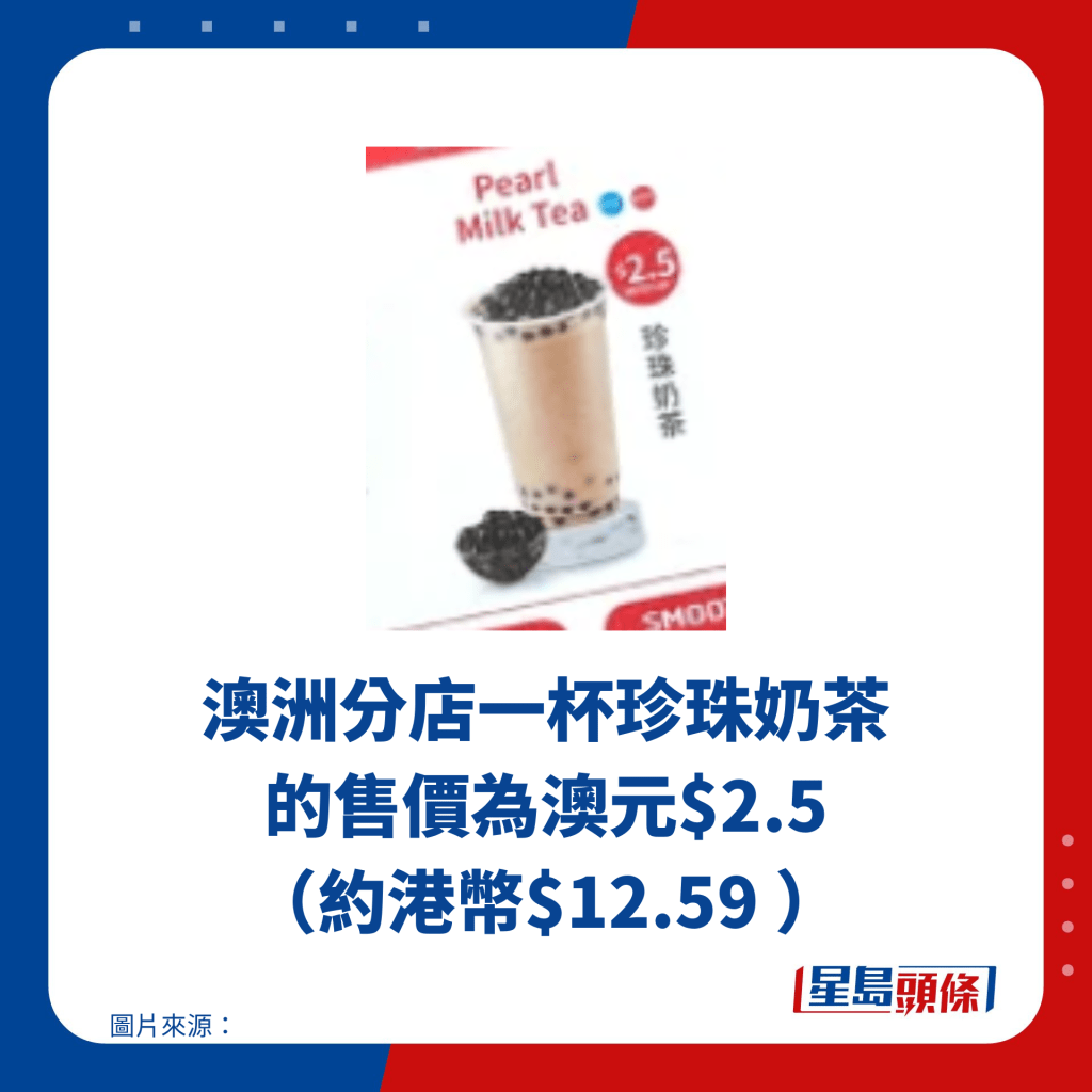 澳洲分店一杯珍珠奶茶的售價為澳元$2.5 （約港幣$12.59 ）