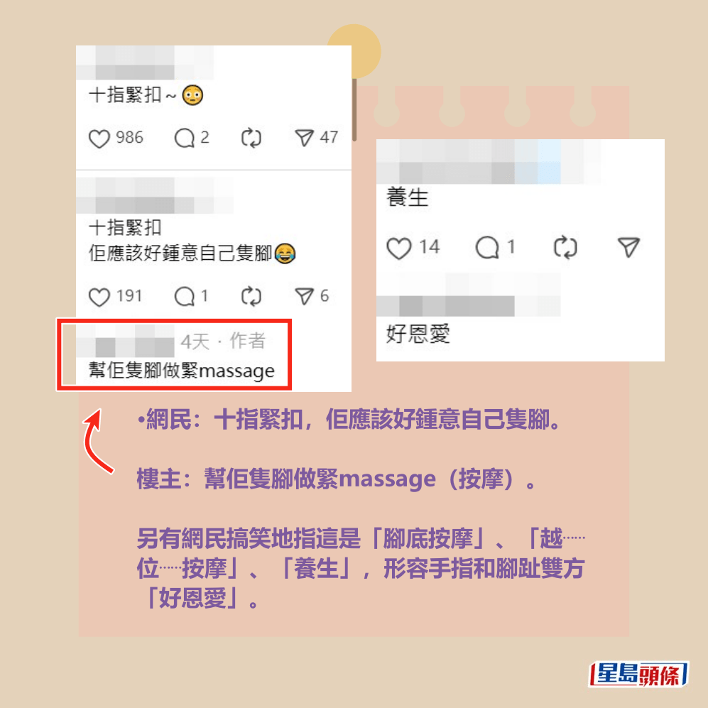 •網民：十指緊扣，佢應該好鍾意自己隻腳。  樓主：幫佢隻腳做緊massage（按摩）。Threads截圖