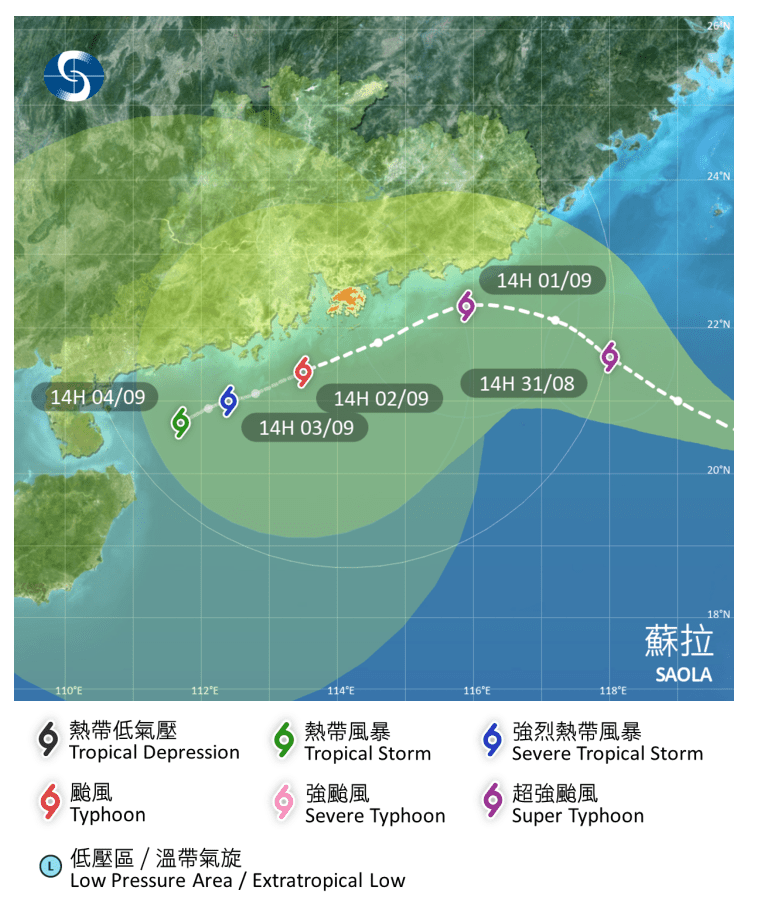 超强台风苏拉集结在高雄以南约240公里，预料向西北偏西移动，时速约15公里，横过南海东北部。 天文台网页截图
