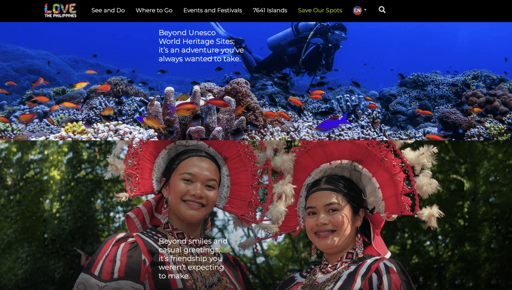《愛上菲律賓》（Love The Philippines）的旅遊宣傳活動網頁上列出菲律賓的特色。