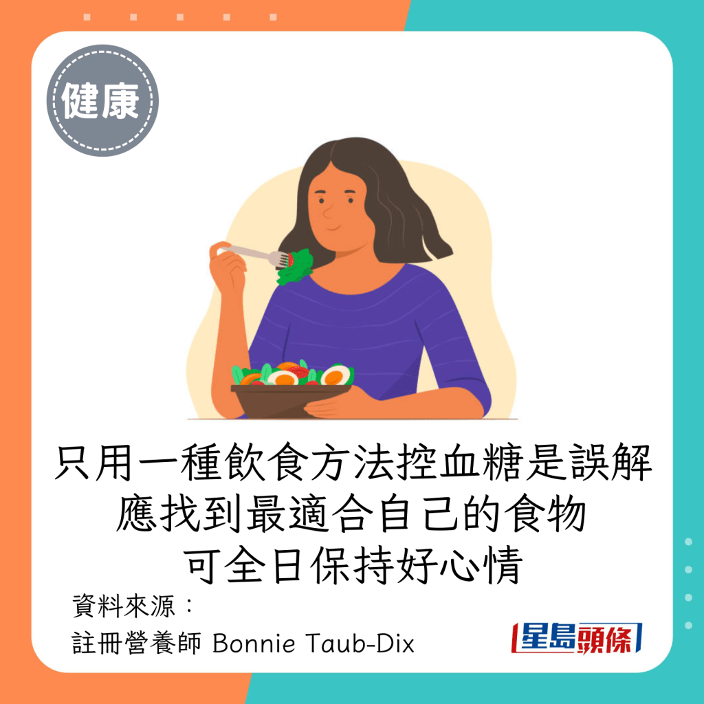 只遵从一种饮食方法控血糖是误解，人们应要找到最适合自己日常饮食的食物，让自己可全日保持好心情。