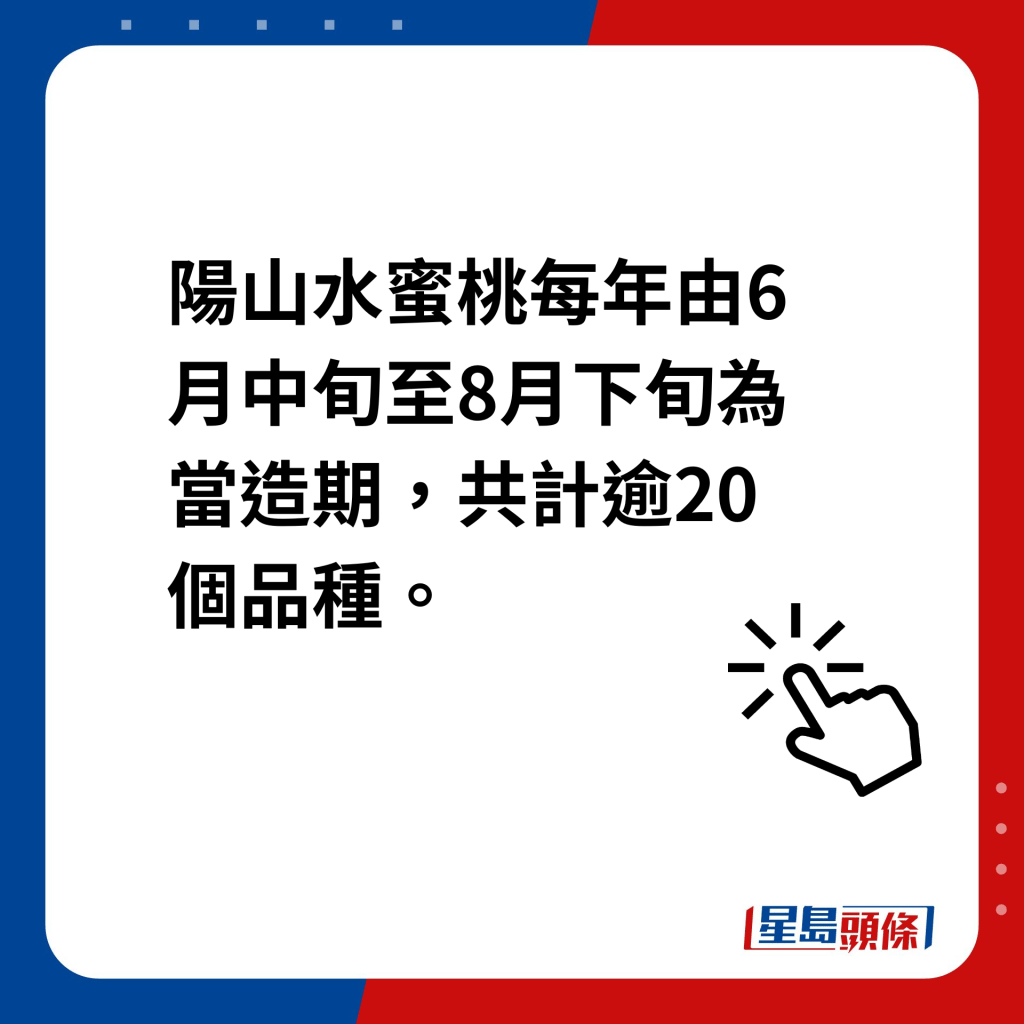 陽山水蜜桃｜陽山水蜜桃每年由6月中旬至8月下旬為當造期，共計逾20個品種