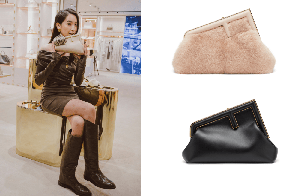 本地唱作歌手兼演員林愷鈴以小型號FENDI First手袋配襯露肩連身裙與長靴，造型優雅。另備有Shearling/右上/$39,000及Nappa/右下/$20,500版本。