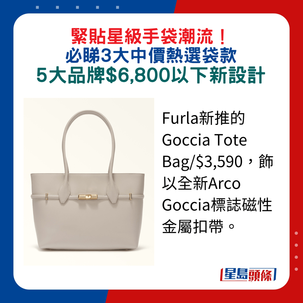 Furla新推的Goccia Tote Bag/$3,590，飾以全新Arco Goccia標誌磁性金屬扣帶。