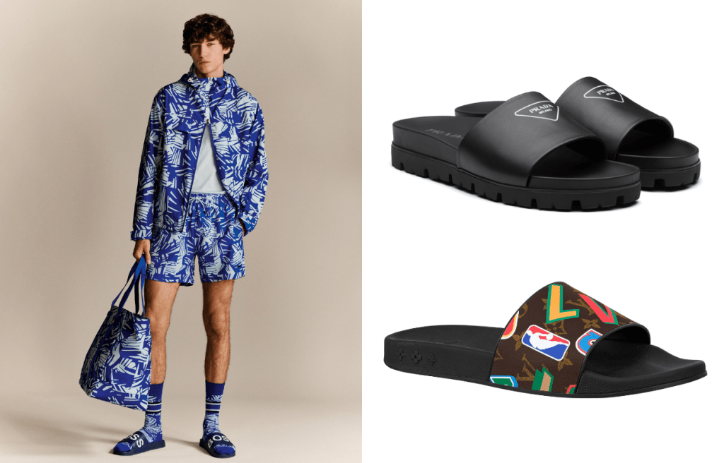 左/BOSS早秋系列系列防水印花風褸/$4,300、純綿Logo T恤/$1,800、印花速乾泳褲/$900、BOSS Logo 粗帶拖鞋/$900。右上/Prada Logo圖案黑色拖鞋/售價待定。右下/LV X NBA系列拖鞋/$4,800。