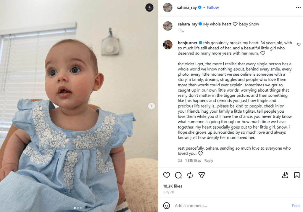 Sahara Ray社交平台的最後一則動態仍是向女兒深情表白「My whole heart baby Snow」。