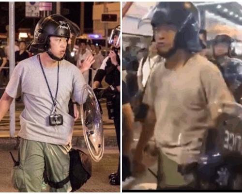 身穿灰色T恤、綠色長褲的便衣警惹關注。網圖