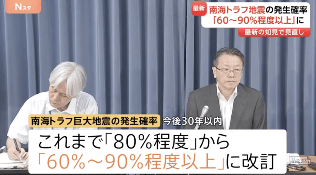 日本政府地震調查委員會於9月26日發布最新評估，將南海海槽未來30年內發生8至9級大地震的機率從「約80%」調整為「約60%-90%以上」。日媒TBS截圖