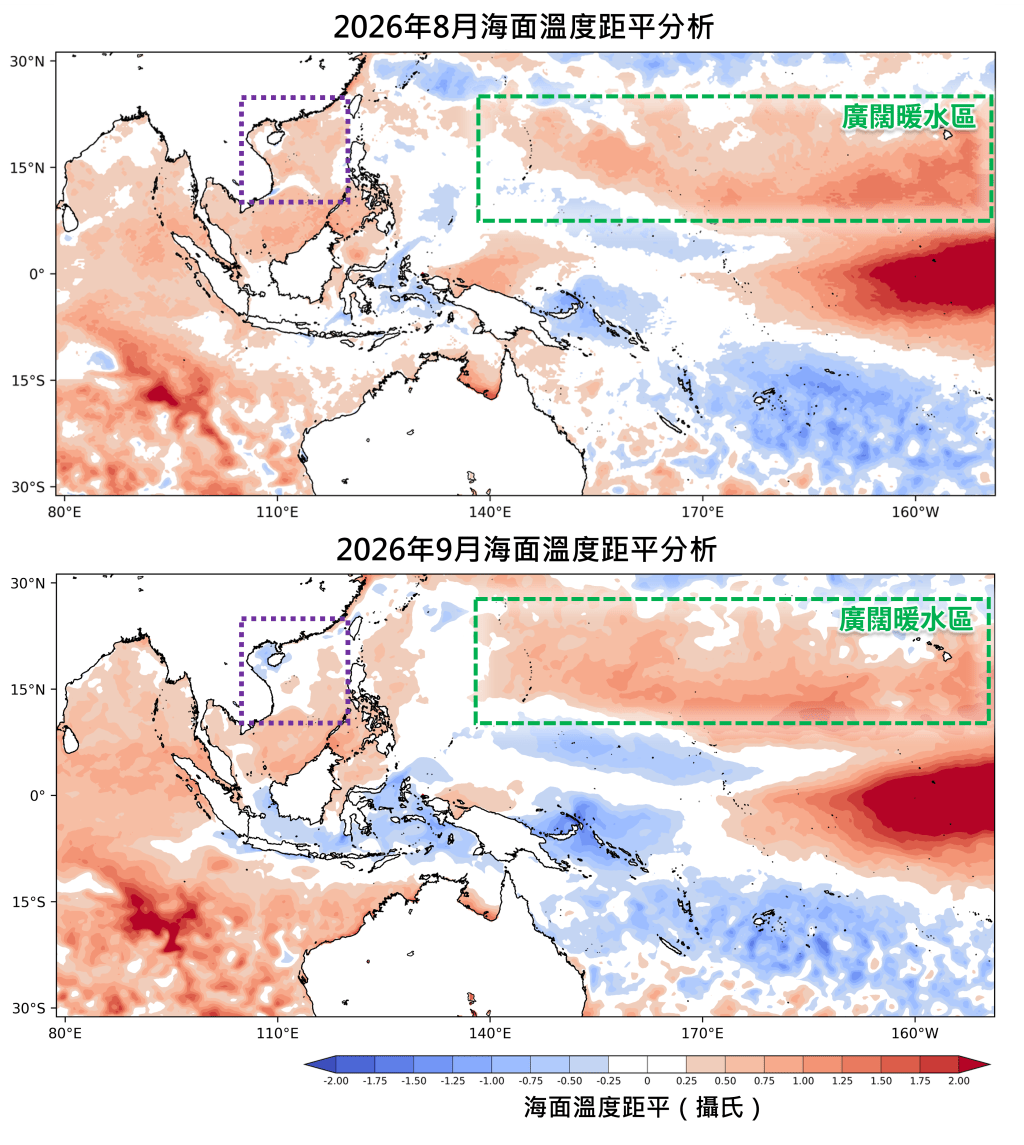 2026年8月和9月西北太平洋及南海的海面溫度距平分析。天文台網頁 2026年8月和9月西北太平洋及南海的海面溫度距平分析。天文台網頁