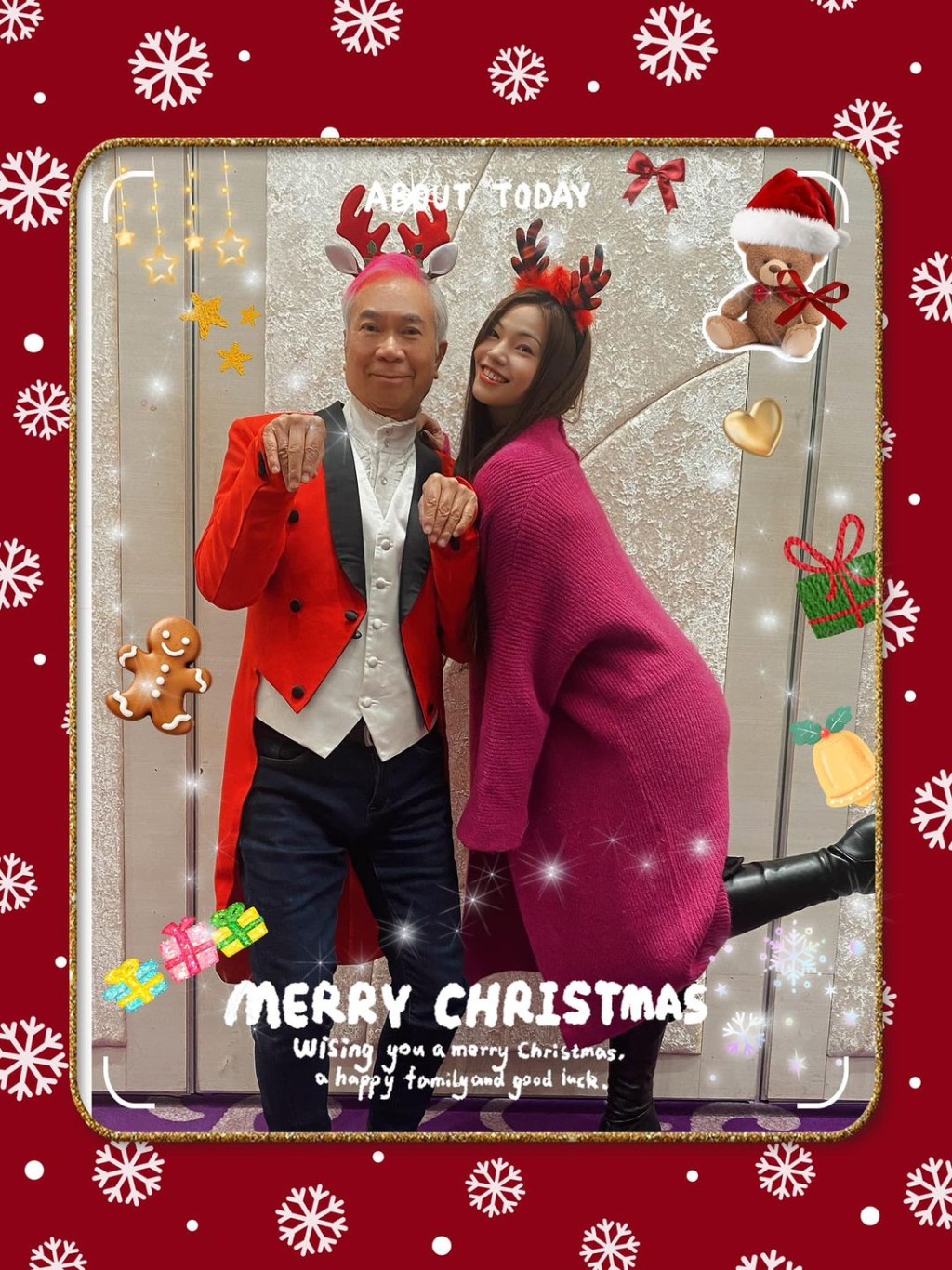 今日（25日）是圣诞节，王青霞po出一张与李龙基的搞怪合照。