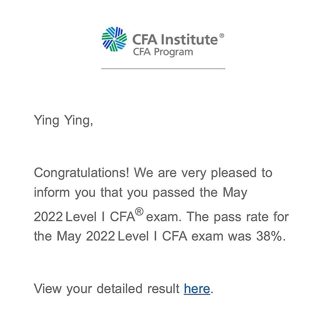 盈盈昨日貼出考CFA Level 1考試 (金融投資從業者專業資格認證）合格通知信，