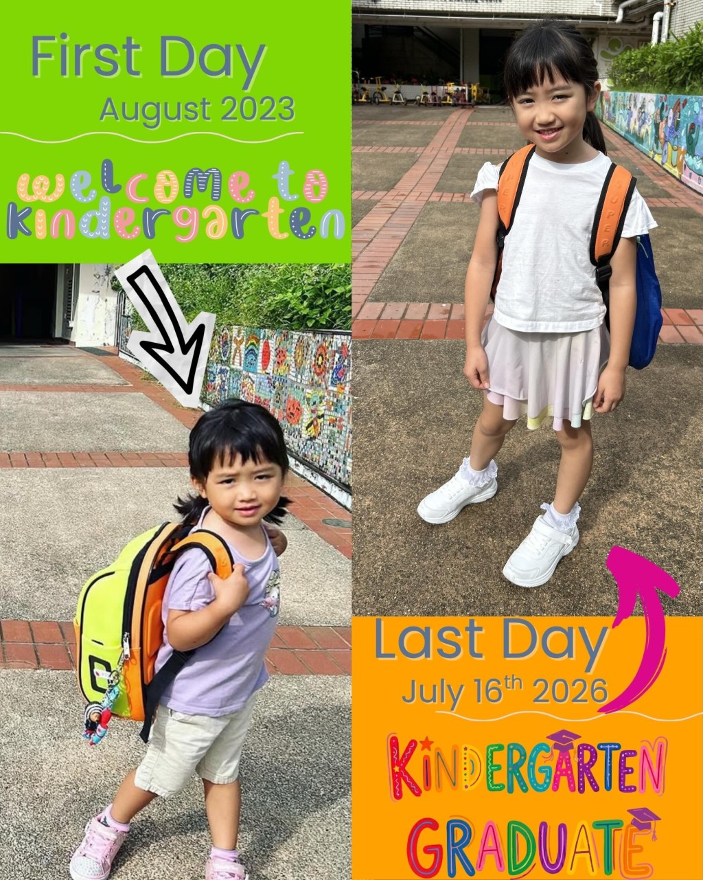 許懷谷分享了女兒Leah在2023年第一天踏入幼稚園，至2026年畢業時的自信樣子。