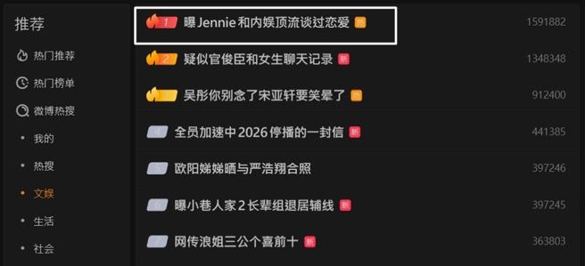 Jennie曾戀內地頂流男星的關鍵字即登內地社交網熱搜。