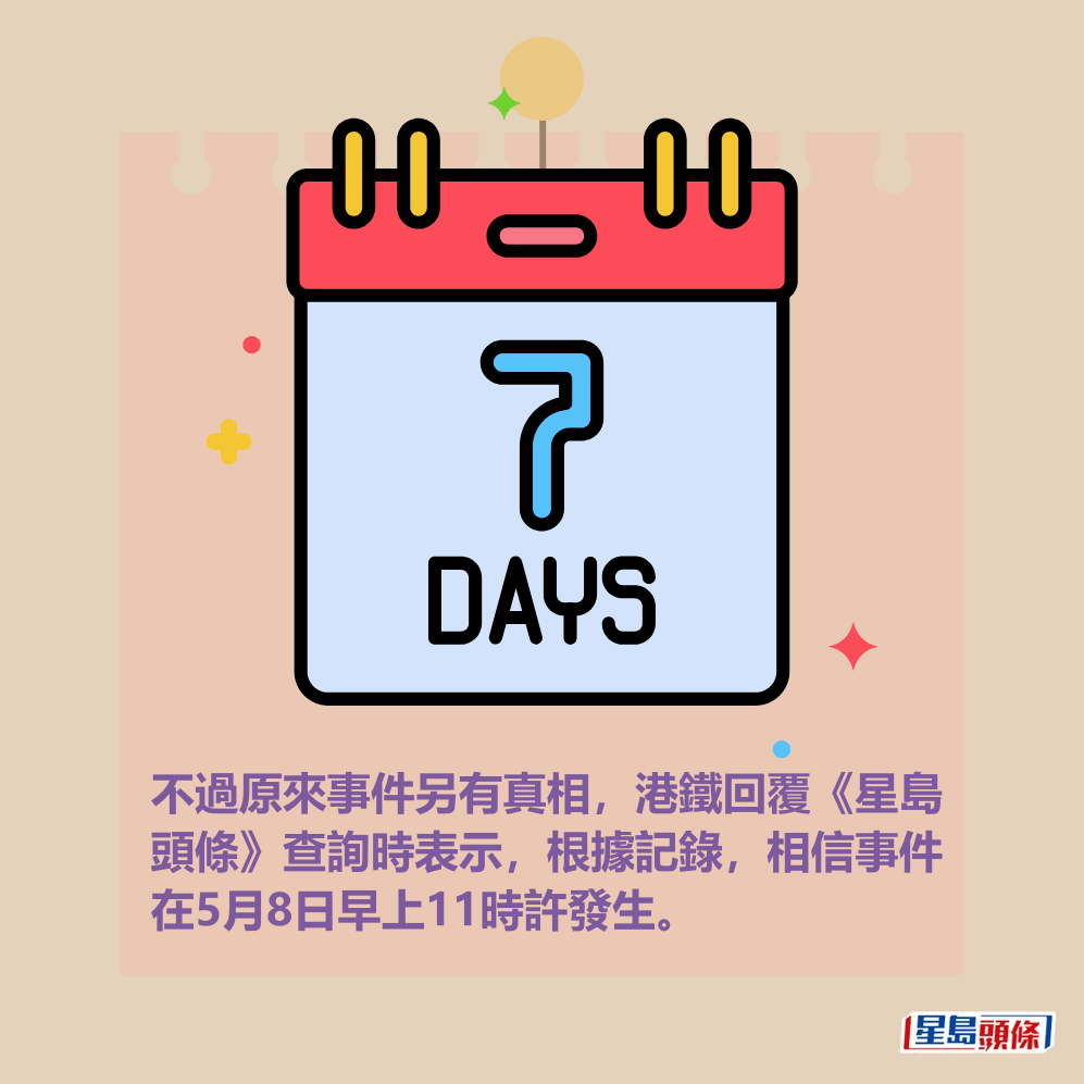 不過原來事件另有真相,港鐵回覆《星島 頭條》查詢時表示,根據記錄,相信事件 在5月8日早上11時許發生。 不過原來事件另有真相,港鐵回覆《星島 頭條》查詢時表示,根據記錄,相信事件 在5月8日早上11時許發生。